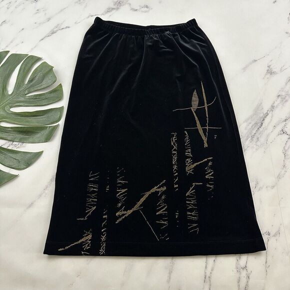 KD Spring Womens Vintage Y2k Velvet Slip Skirt Size L Black Brown Leaf Midi - Picture 1 of 9